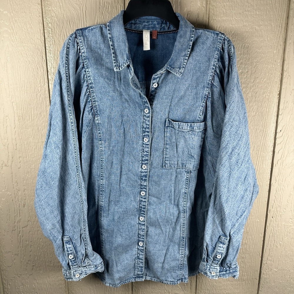 Anthropologie Pilcro Puff Long Sleeve Denim Button Up Front Shirt Womens Large